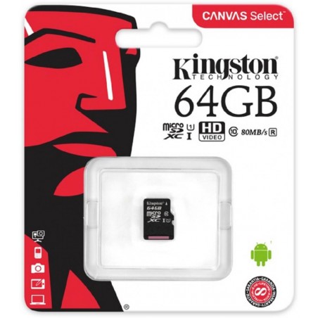 MicroSD Kingston, 64GB, Select Plus, Clasa 10 UHS-I Performance, R: 100 MB/s, include adaptor SD