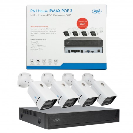 Kit supraveghere video PNI House IPMAX POE 3, ONVIF si 4 camere IP 3MP, de exterior, detectie chip, detectie miscare